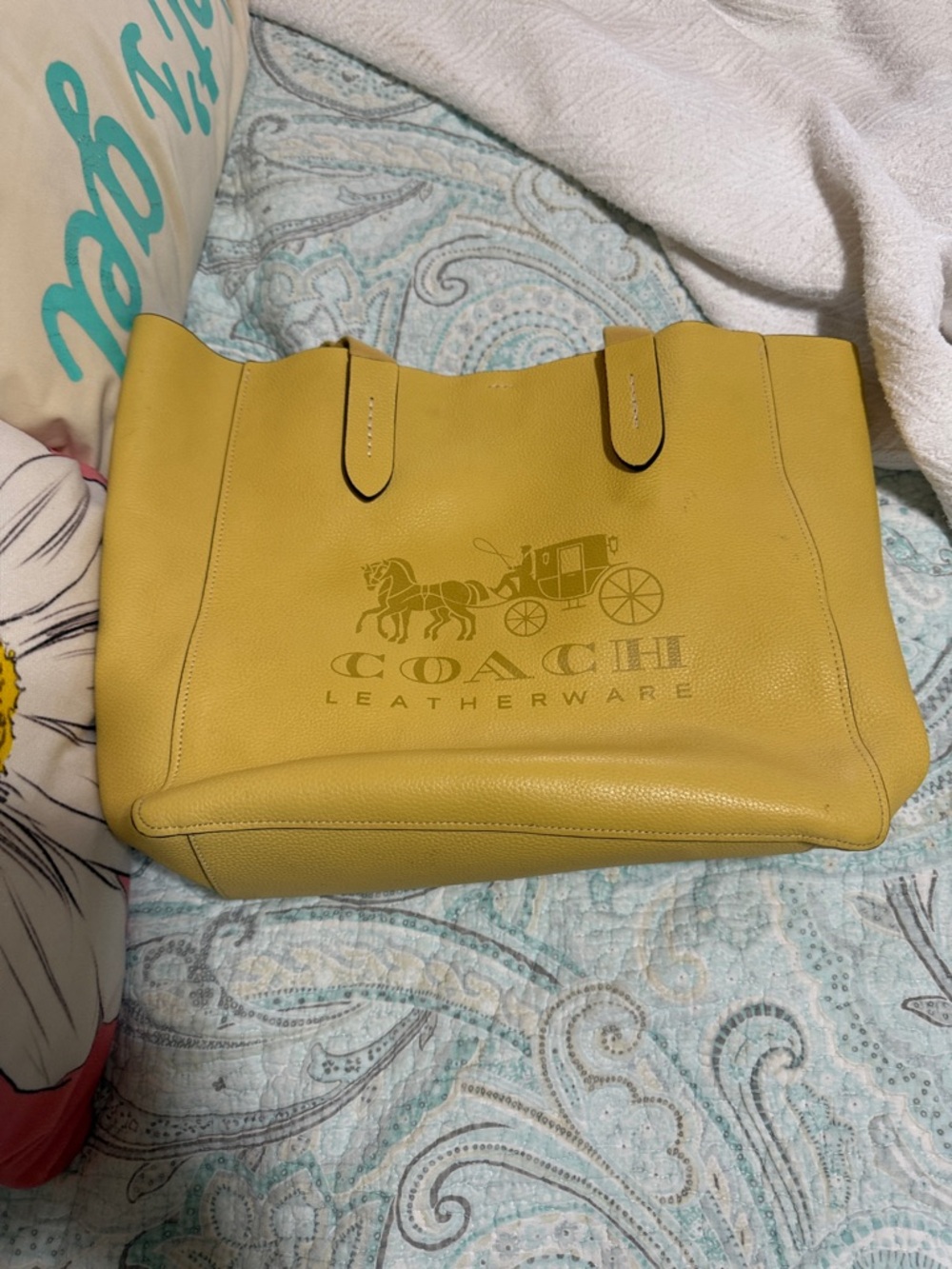 Coach Mustard Yellow Leather Tote with Signature Coach Logo